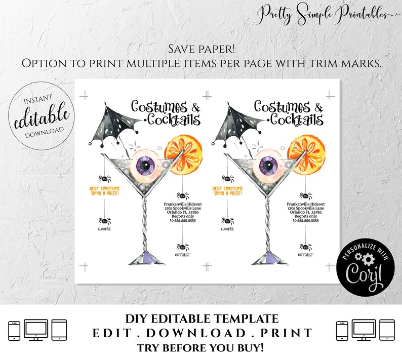 Halloween Invitation, Cocktails and Costumes Invitation Printable Boos and Booze Editable Halloween Costume Party Invite Adult Corjl HAL2 image 7