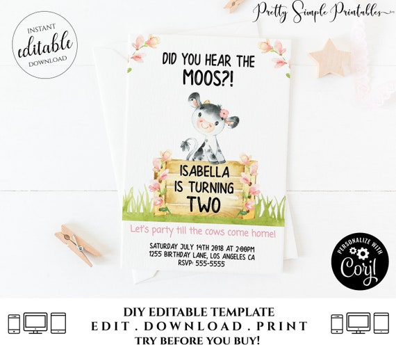 Cow Birthday Invitation, Girl, Editable, Barnyard Party, Farm Invite, Cow Birthday Party, Floral, Instant Download, Pink, Corjl, COWG