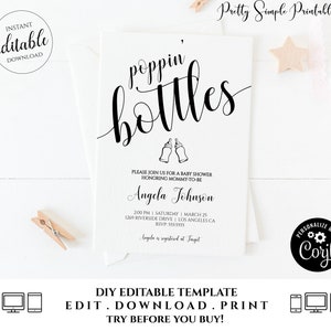 May include: A printable baby shower invitation with a black and white design. The invitation says "poppin' bottles" and includes the name "Angela Johnson".