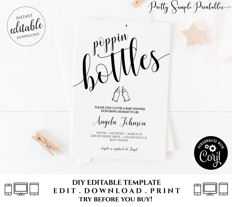 May include: A printable baby shower invitation with a black and white design. The invitation says "poppin' bottles" and includes the name "Angela Johnson".