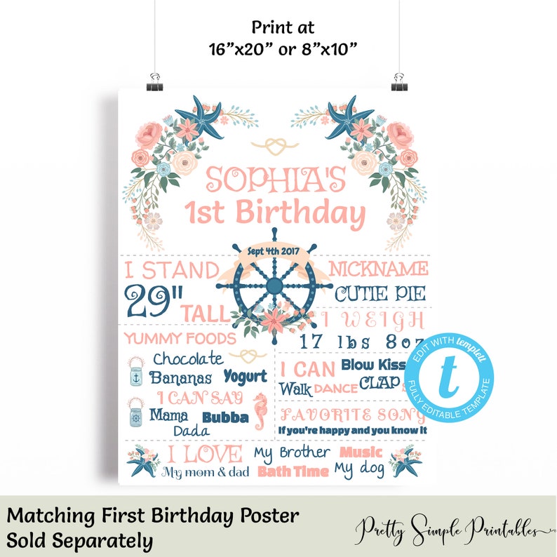 Nautical Birthday Invite, Girl, Anchor Birthday Invitation, Nautical Birthday Party, Template, Nautical Invitation, Templett, Printable NA01 image 6