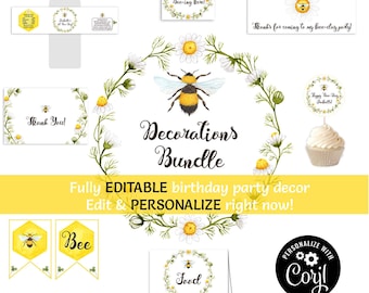Bee Birthday Decorations, Bee Banner, Bee Favor Tags, Bee Water Bottle Label Bee Decor 1st Bee Day Editable Birthday Bee Theme Corjl BEE1