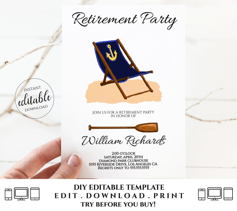 Nautical Retirement Invitation Editable, Retirement Party Invitations for Men, Man Instant Download Printable Template Digital orjl RET2 image 1