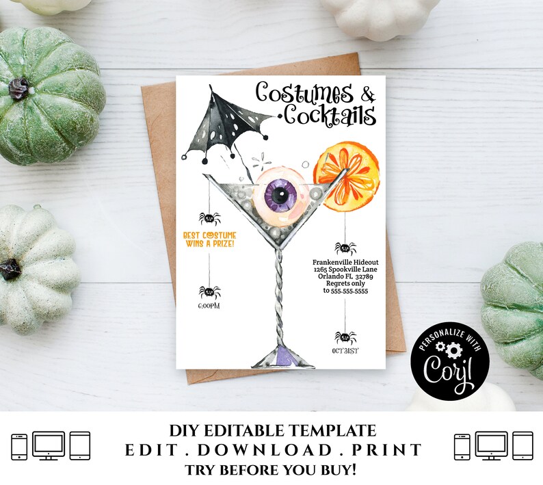 Halloween Invitation, Cocktails and Costumes Invitation Printable Boos and Booze Editable Halloween Costume Party Invite Adult Corjl HAL2 image 6