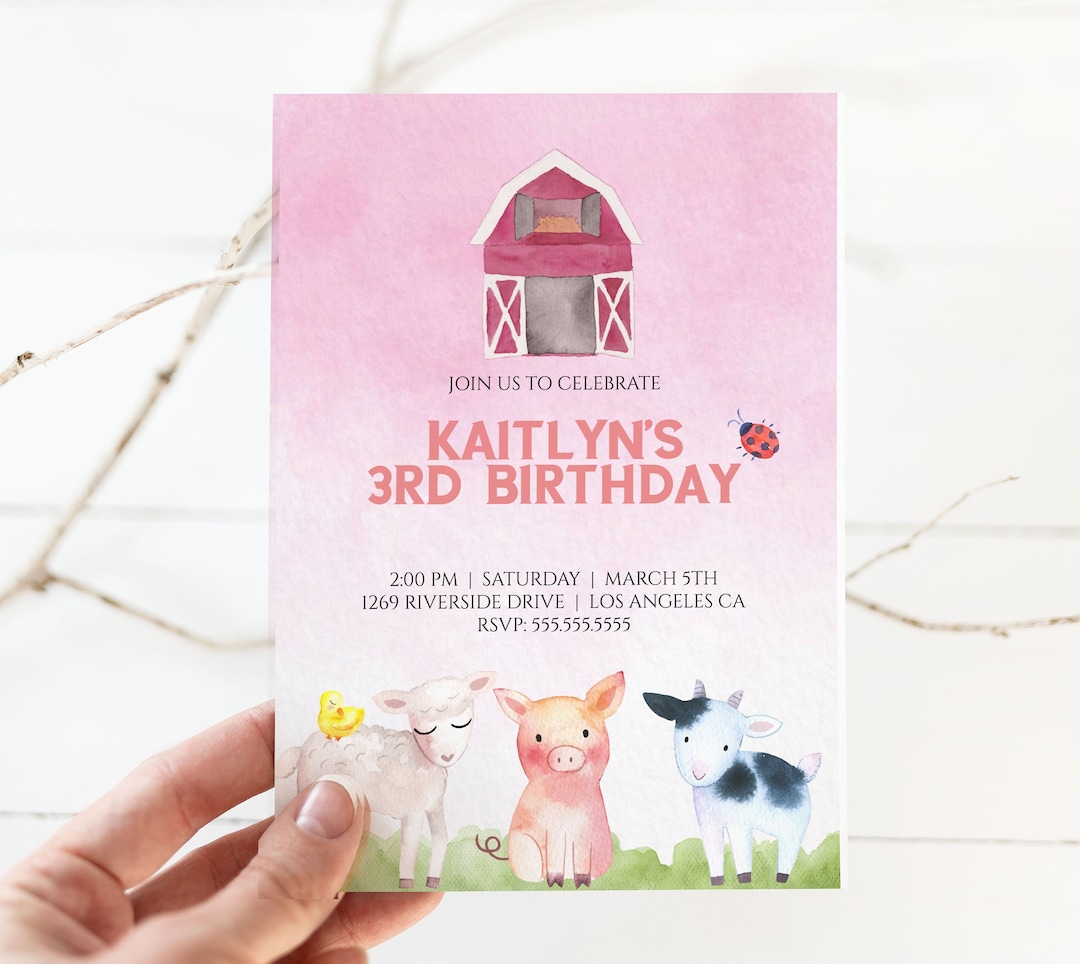 Pink Farm Party, Girl Birthday Invitation Barnyard Party Invites Farm ...