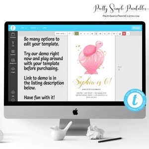 May include: A pink and gold printable invitation for a 6th birthday party. The invitation features a cartoon turtle with a pink shell and gold accents. The text on the invitation reads "Sophia is 6!" and includes details about the party, such as the date, time, and location. The invitation is fully editable.