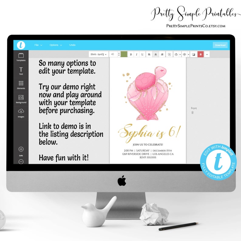 May include: A pink and gold printable invitation for a 6th birthday party. The invitation features a cartoon turtle with a pink shell and gold accents. The text on the invitation reads "Sophia is 6!" and includes details about the party, such as the date, time, and location. The invitation is fully editable.