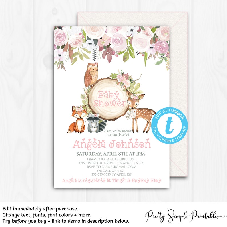 Floral Woodland Invitation Baby Shower Girl Pink Fox Etsy Floral Woodland Invitation Baby Shower Girl Pink Fox Etsy