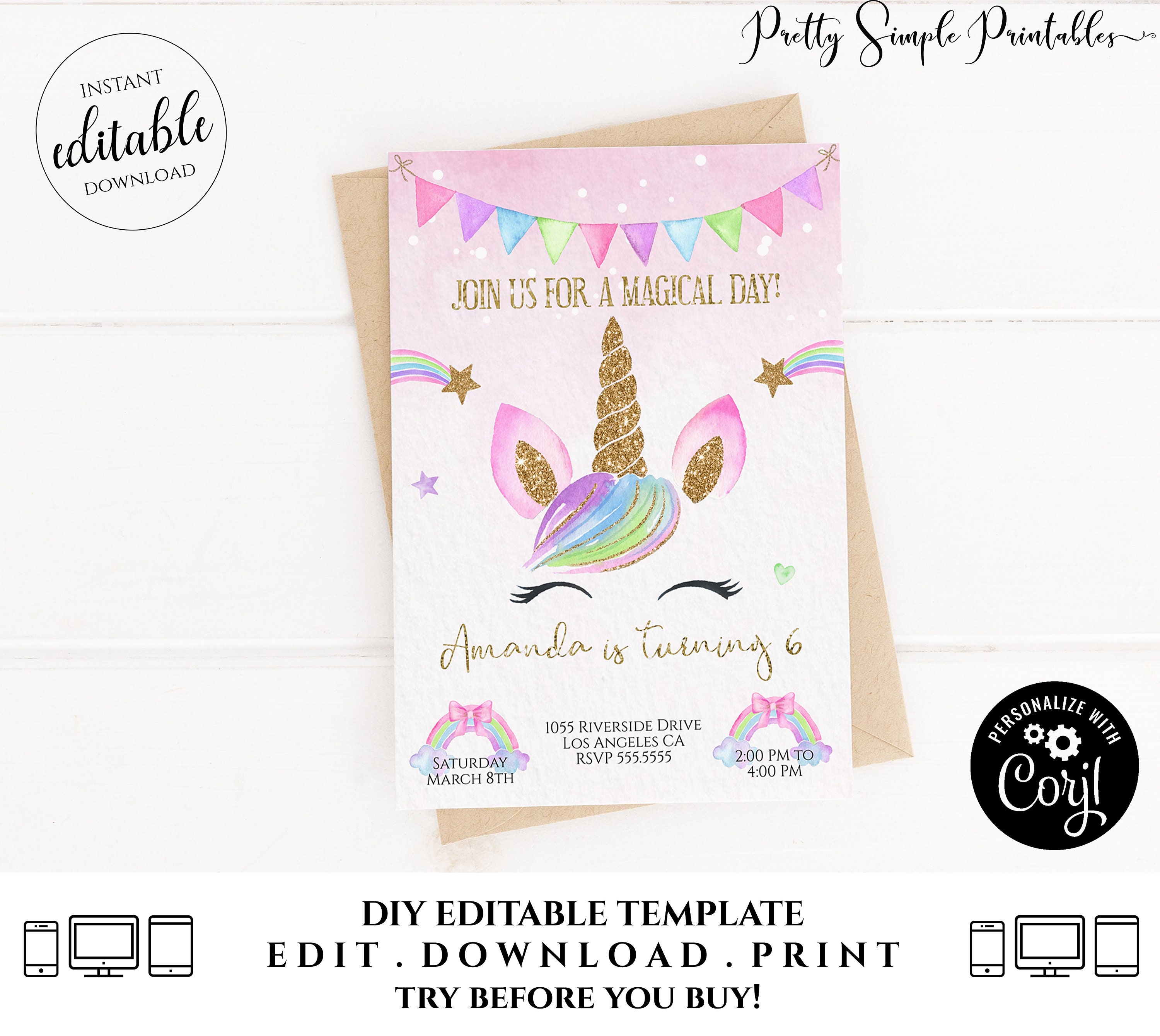 Editable Unicorn Birthday Invitation Magical Birthday Party | Etsy