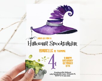 Witch Birthday Invitation, Halloween Birthday Invitation Girl, Halloween Birthday Party Invites, Printable Editable Download Corjl HAL3