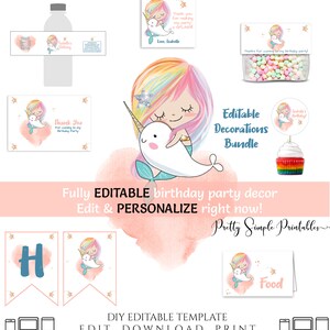 Narwhal Birthday Decoration, Narwhal Decor, Narwhal Favor, Narwhal Birthday Printable, Narwhal Banner, Editable Birthday, Mermaid, Girl NAR1