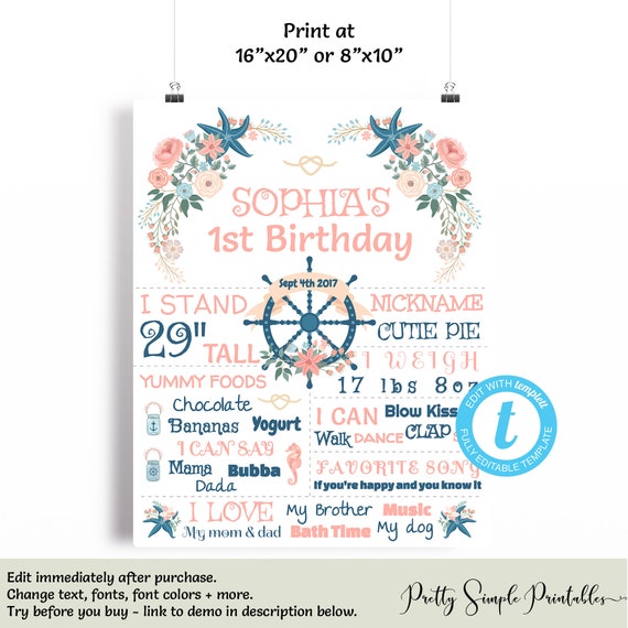 Nautical Chalkboard First Birthday Poster Girl Nautical Etsy