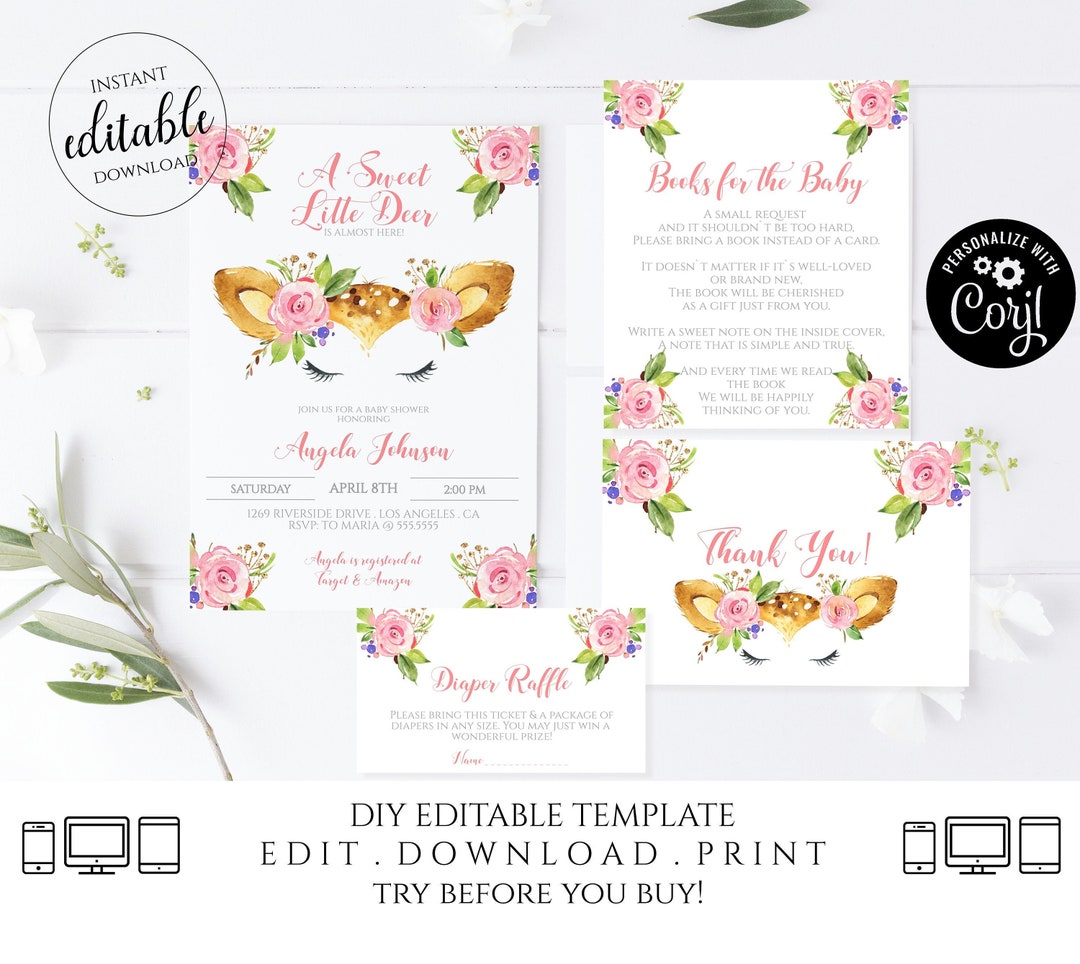 Deer Baby Shower Invitation Girl, Deer Theme, Oh Deer, Deer Thank You ...