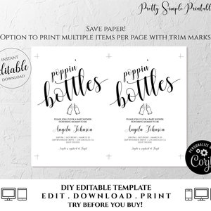 May include: A printable baby shower invitation template with a black and white design. The text reads "poppin' bottles" and includes the details for the event, such as the date, time, and location. The invitation is customizable with the text "Personalize with Coryl".