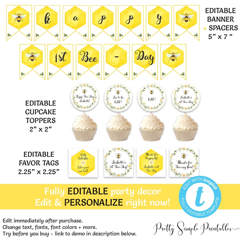 Bee Water Bottle Label Bee Decor 1st Bee Day Editable Birthday Bee Theme Templett BEE1 Bee Birthday Decorations Bee Favor Tags Bee Banner
