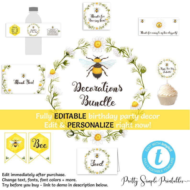 Bee Water Bottle Label Bee Decor 1st Bee Day Editable Birthday Bee Theme Templett BEE1 Bee Birthday Decorations Bee Favor Tags Bee Banner