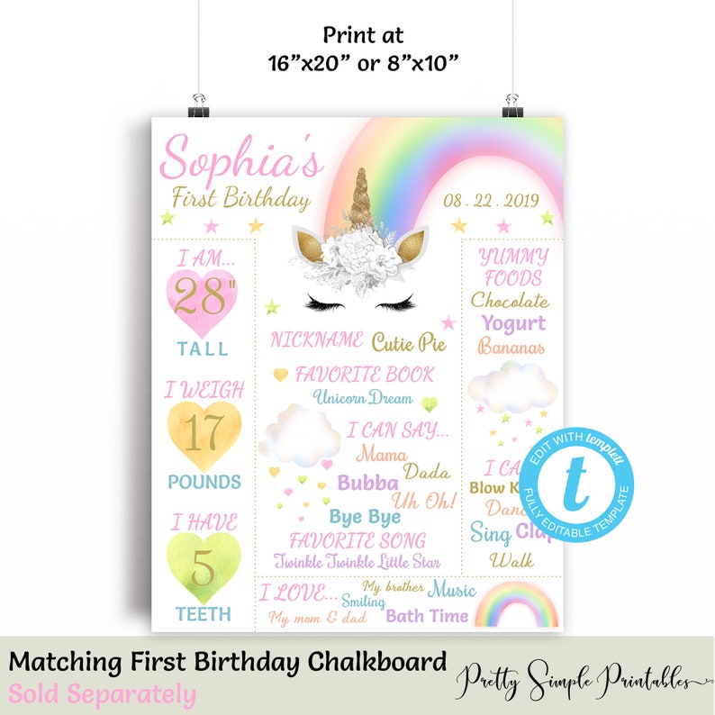 May include: A printable first birthday chart for a girl named Sophia. The chart features a unicorn with a rainbow, stars, and clouds. It includes information about Sophia's age, height, weight, and other milestones. The chart is designed to be printed and used as a keepsake.