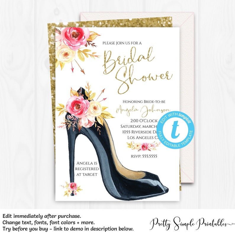 Bridal Shower Invitation, Chic Bridal Shower Invitations, Pink and Gold Bridal Shower, High Heel, Boho Wedding Shower Template Templett BRD2 image 1