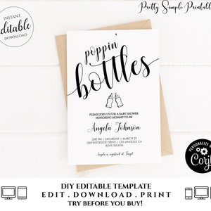 May include: A printable baby shower invitation with a black and white design. The text reads "poppin' bottles" with a graphic of two baby bottles. The invitation includes the name "Angela Johnson" and details for the event.