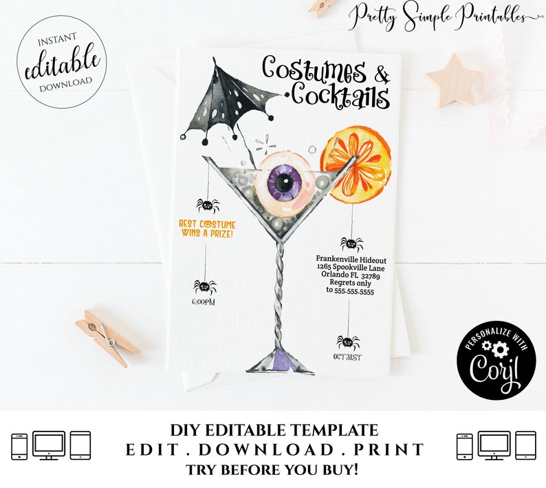 Halloween Invitation, Cocktails and Costumes Invitation Printable Boos and Booze Editable Halloween Costume Party Invite Adult Corjl HAL2 image 2