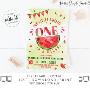 Watermelon Birthday Invitation One in a Melon First Birthday Red Watermelon Party 1st Birthday Invitation Printable Template Corjl Girl WAT1 image 7