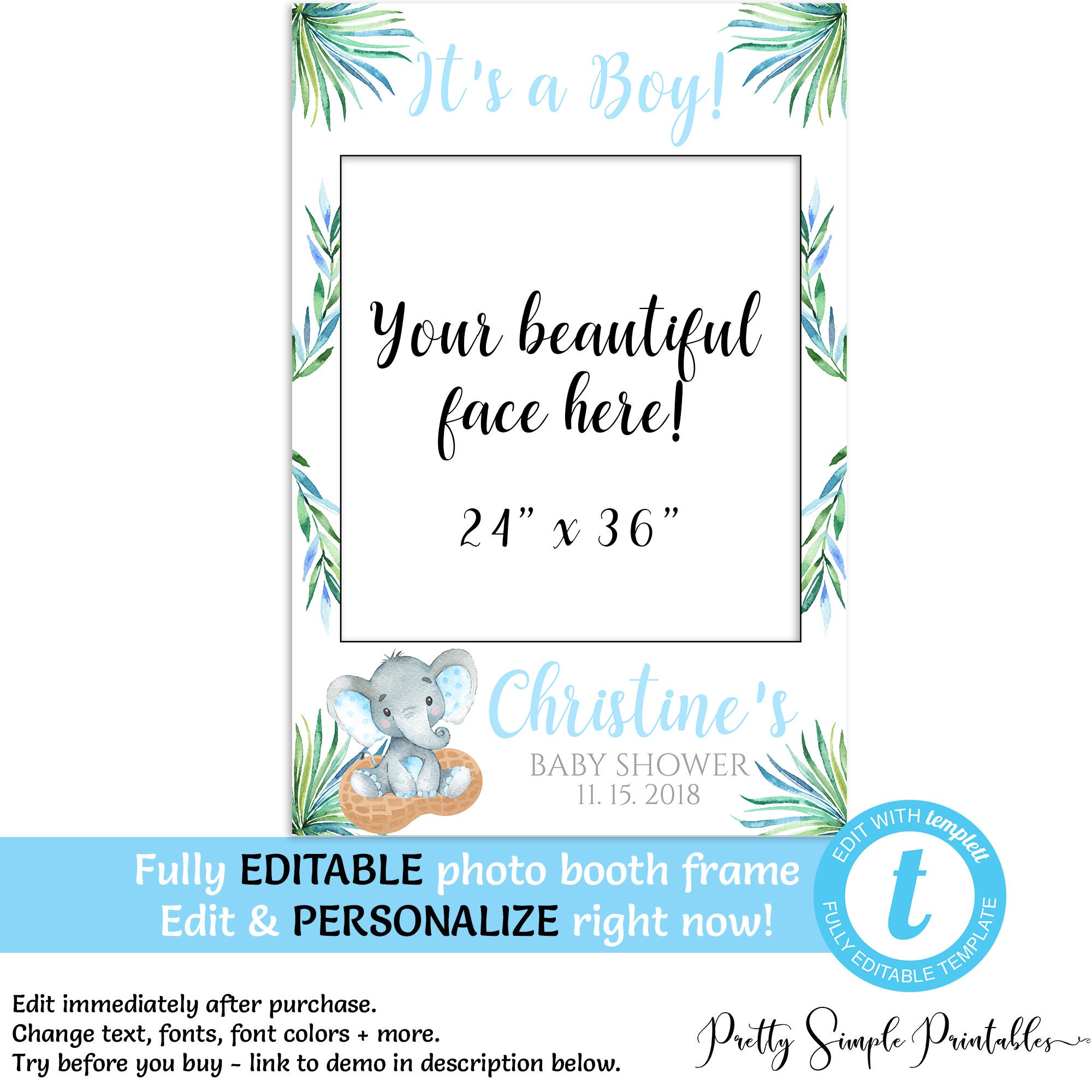 Photo Booth Frame Baby Shower Elephant Instagram Frame Photo Prop Frame Social Media Photo Prop Frame Boy Editable Templett
