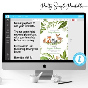 Puede incluir: Plantilla editable para una invitaci&oacute;n de baby shower con un dise&ntilde;o de acuarela con animales del bosque, hojas verdes y el texto "Por favor, &uacute;nase a nosotros para una baby shower".
