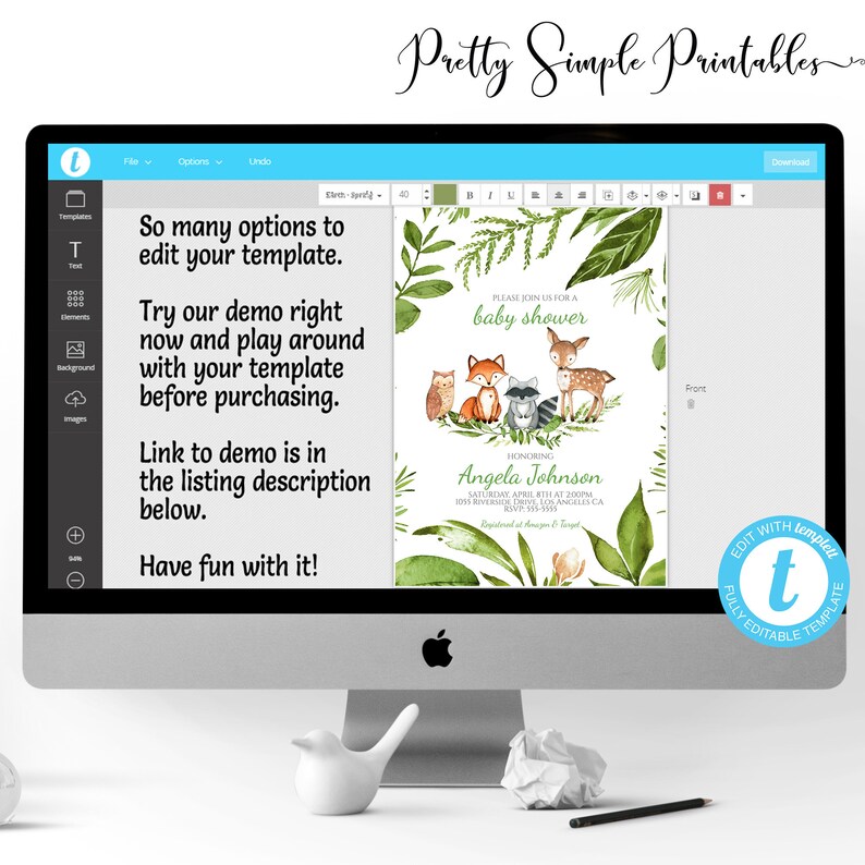 Puede incluir: Plantilla editable para una invitaci&oacute;n de baby shower con un dise&ntilde;o de acuarela con animales del bosque, hojas verdes y el texto "Por favor, &uacute;nase a nosotros para una baby shower".