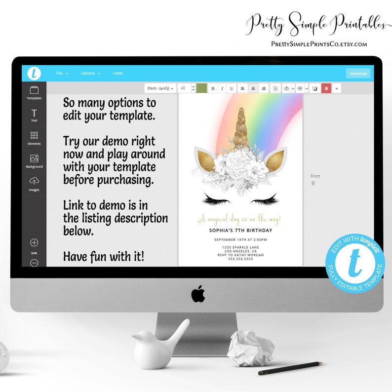 May include: Editable template for a unicorn birthday invitation with a rainbow, gold glitter, and white flowers. The text reads "A magical day is on the way! Sophia's 7th Birthday, September 14th at 2:00pm, 1255 Sparkle Lane, Los Angeles, CA, RSVP to Kathy Morgan, 555.555.5555".