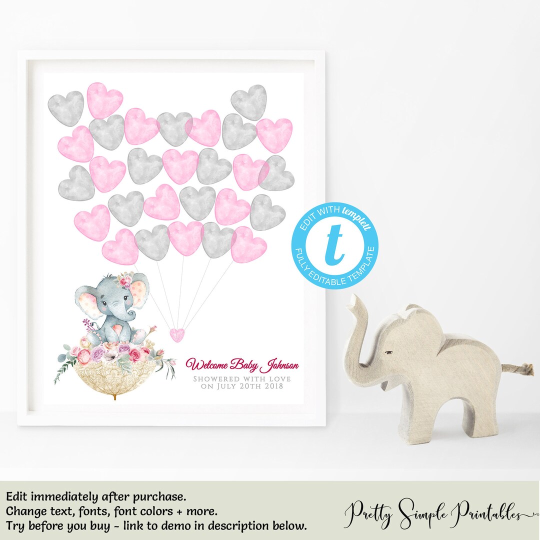 Elephant Baby Shower Guest Book, Printable Guest Book Template, Girl ...