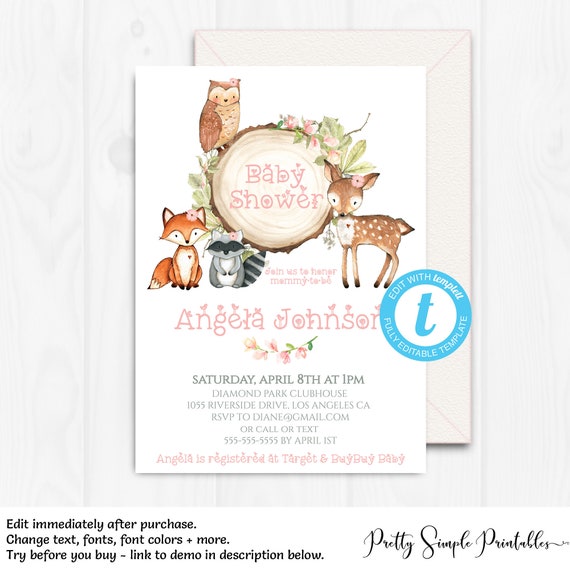 girl woodland baby shower invitations