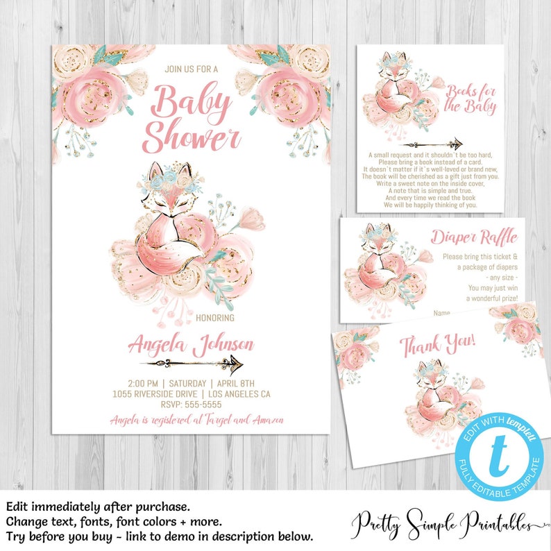 Fox Baby Shower Invitation Girl Set Fox Diaper Raffle Fox Etsy Fox Baby Shower Invitation Girl Set Fox Diaper Raffle Fox Etsy