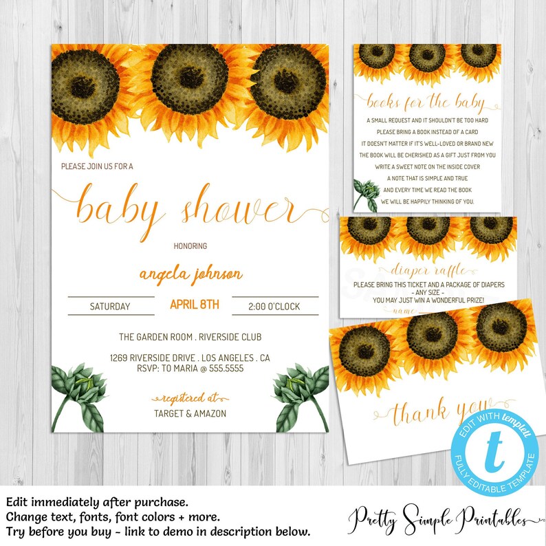 Sunflower Baby Shower Invitation Neutral Baby Shower Template Etsy