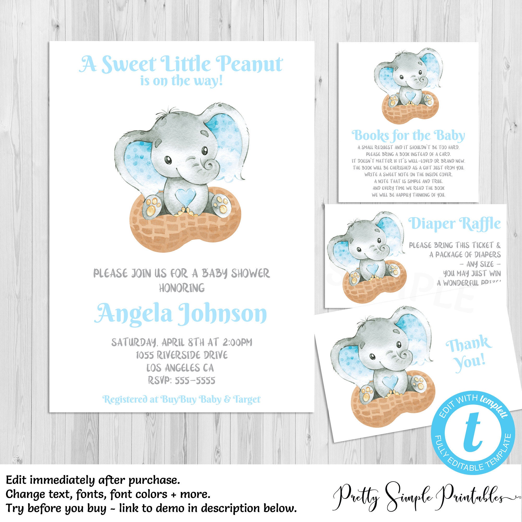 Baby Elephant Baby Shower Invitations Boy Blue Editable Little Peanut Baby Shower Invitations Baby Shower Template Watercolor