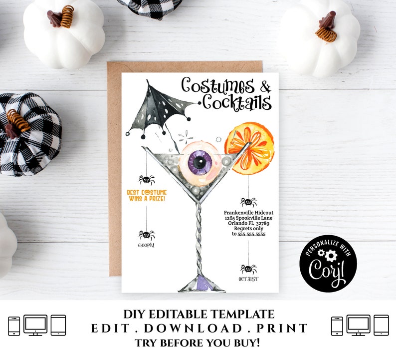 Halloween Invitation, Cocktails and Costumes Invitation Printable Boos and Booze Editable Halloween Costume Party Invite Adult Corjl HAL2 image 3