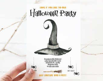 Halloween Party Invitation, Printable, Halloween Invitation Witch, Editable, Halloween Party Invites, Adult, for Kids, hat, Corjl, HAL1