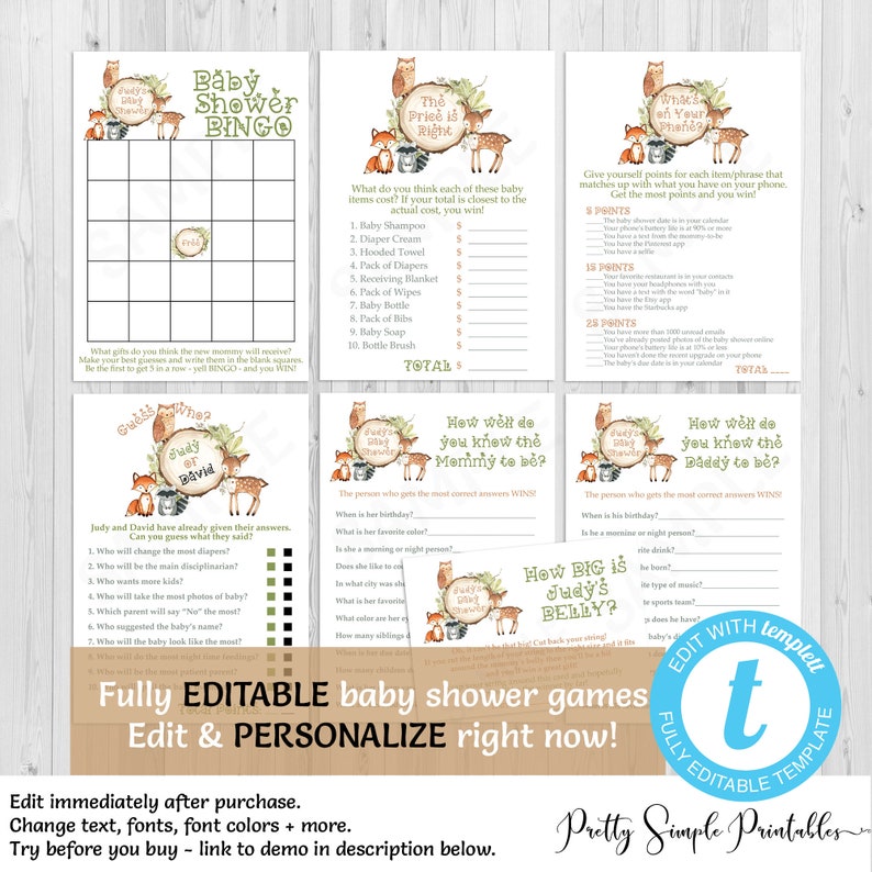 Woodland Baby Shower Games Editable Game Package Template Etsy