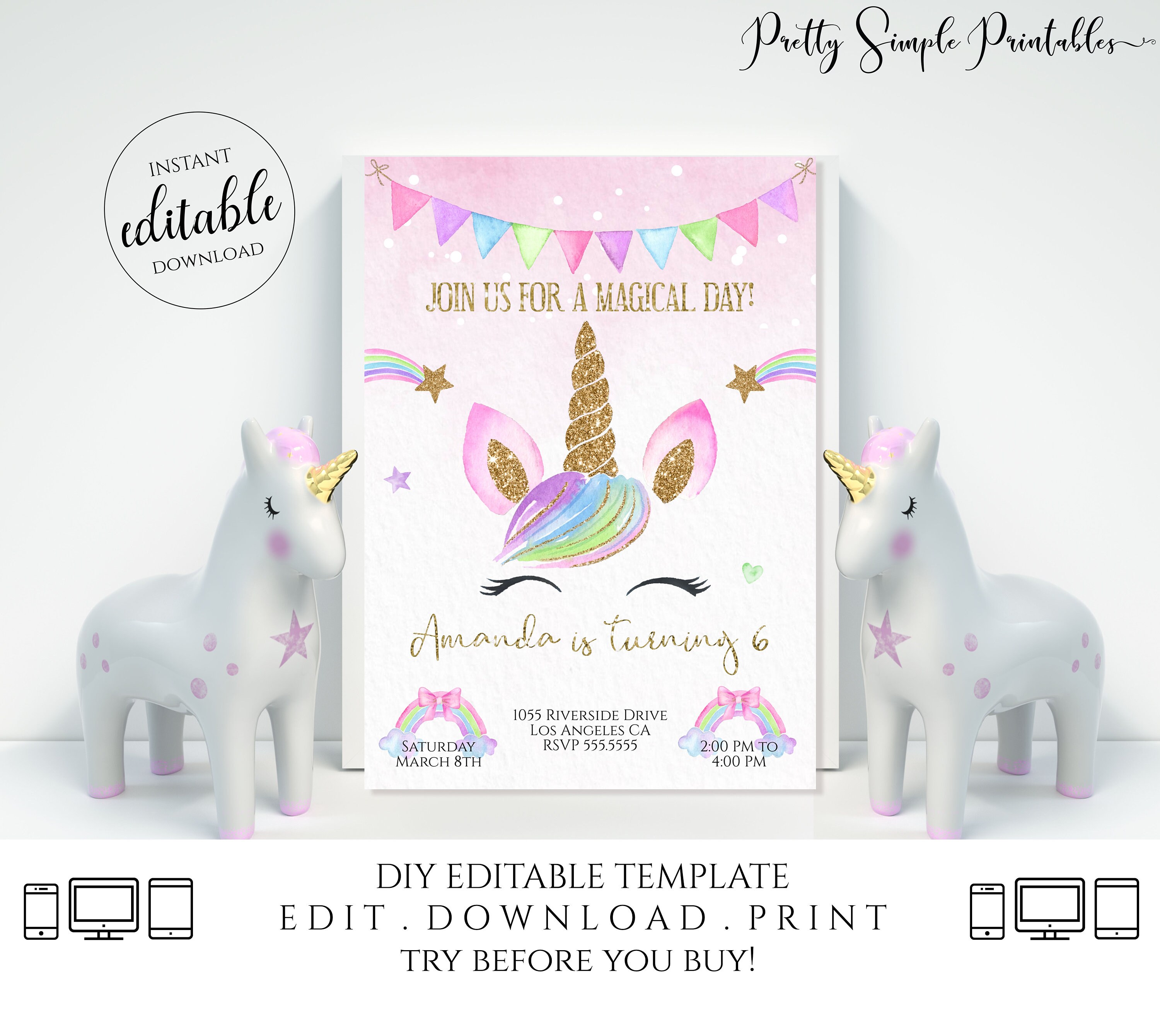 Editable Unicorn Birthday Invitation Magical Birthday Party | Etsy