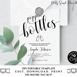 May include: A printable baby shower invitation with a black and white design. The text reads "poppin bottles" with a graphic of two baby bottles. The invitation includes the name "Angela Johnson" and details for the shower.