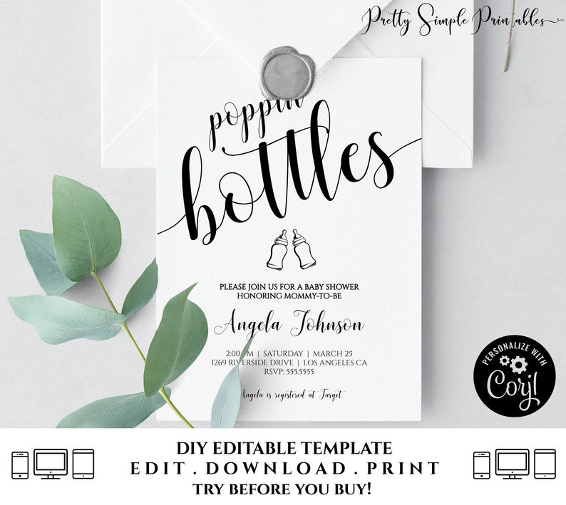 May include: A printable baby shower invitation with a black and white design. The text reads "poppin bottles" with a graphic of two baby bottles. The invitation includes the name "Angela Johnson" and details for the shower.