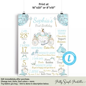 Princess First Birthday Poster Baby's First Birthday Milestone Poster Printable Cinderella Theme Birthday 1st Birthday Sign Chalkboard, PRC1 image 9