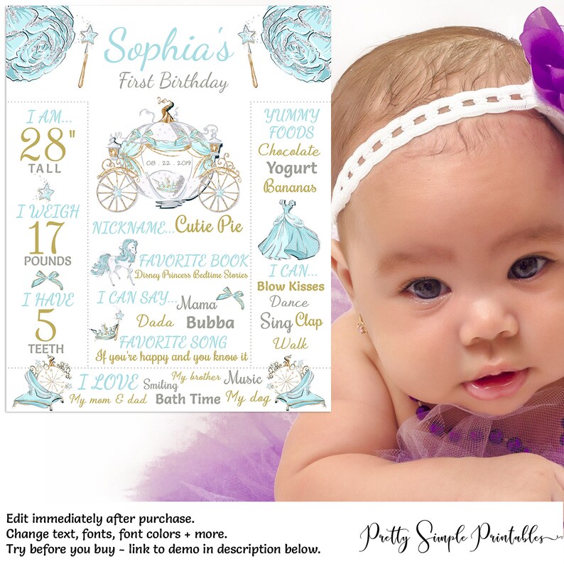 Princess First Birthday Poster Baby's First Birthday Milestone Poster Printable Cinderella Theme Birthday 1st Birthday Sign Chalkboard, PRC1 image 2