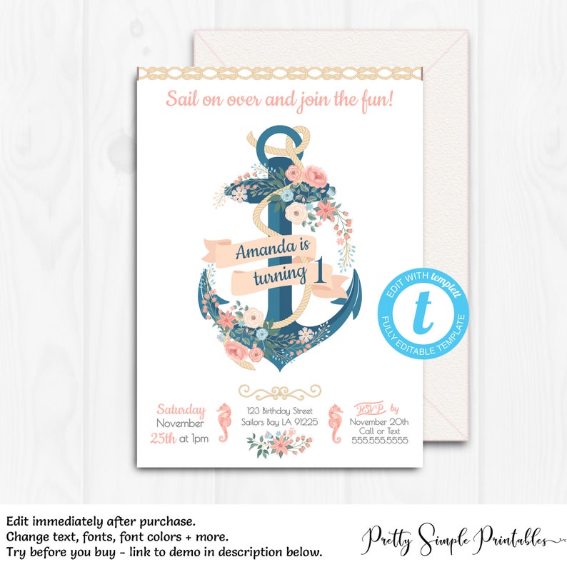 Nautical Birthday Invite, Girl, Anchor Birthday Invitation, Nautical Birthday Party, Template, Nautical Invitation, Templett, Printable NA01 image 1