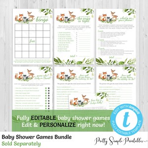 Puede incluir: Un conjunto de juegos de baby shower imprimibles con un tema de bosque con zorros, ciervos y mapaches. Los juegos incluyen bingo, el precio es correcto, qu&eacute; hay en tu tel&eacute;fono, adivina qui&eacute;n, qu&eacute; tan bien conoces a la futura mam&aacute; y qu&eacute; tan bien conoces al futuro pap&aacute;. Los juegos son totalmente editables y personalizables.
