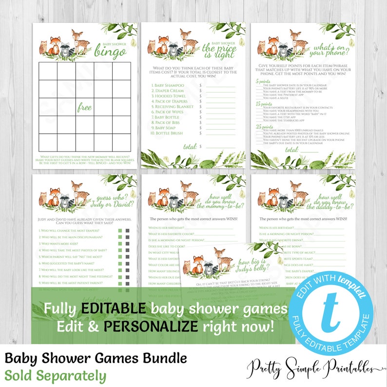Puede incluir: Un conjunto de juegos de baby shower imprimibles con un tema de bosque con zorros, ciervos y mapaches. Los juegos incluyen bingo, el precio es correcto, qu&eacute; hay en tu tel&eacute;fono, adivina qui&eacute;n, qu&eacute; tan bien conoces a la futura mam&aacute; y qu&eacute; tan bien conoces al futuro pap&aacute;. Los juegos son totalmente editables y personalizables.