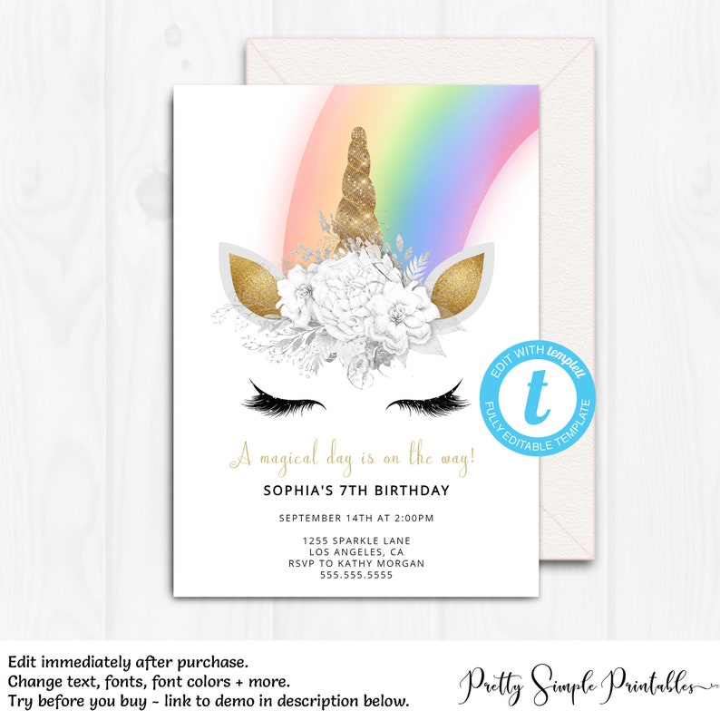 May include: A printable invitation for a 7th birthday party. The invitation features a unicorn with a rainbow, white flowers, and gold glitter. The text on the invitation reads "A magical day is on the way! Sophia's 7th Birthday, September 14th at 2:00pm, 1255 Sparkle Lane, Los Angeles, CA, RSVP to Kathy Morgan, 555.555.5555".