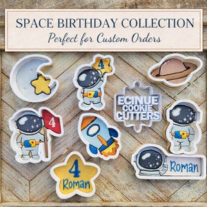 Astronaut Cookie Cutters – Space Birthday Cookie Cutters – Rocket & Name Plaque – Outer Space Royal Icing Set
