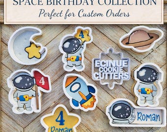Astronaut Cookie Cutters – Space Birthday Cookie Cutters – Rocket & Name Plaque – Outer Space Royal Icing Set