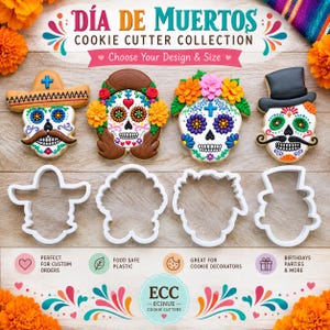 May include: A collection of four white plastic cookie cutters and four corresponding decorated sugar cookies featuring Dia de Muertos skull designs. The cookies include a sombrero-wearing skull, a floral-crowned skull, and a top-hatted skull.