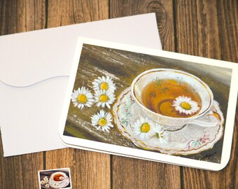 Greeting Card, Tea Cup And Daisies, Art, Blank Note, Blank Card, Card And Envelope, Sticker, Handmade, Hand Painted Print, Gift